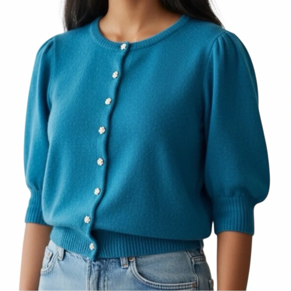 MARINA LUNA Teal Angora Wool Blend Cardigan Rhinestone Buttons - Size Small